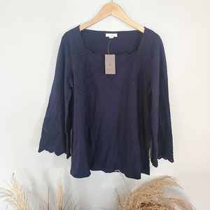 J. Jill Navy Blue Eyelet Bohemian Blouse NWT